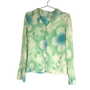 Tahari Silk Flower Power Print Button Shirt L Green Blue